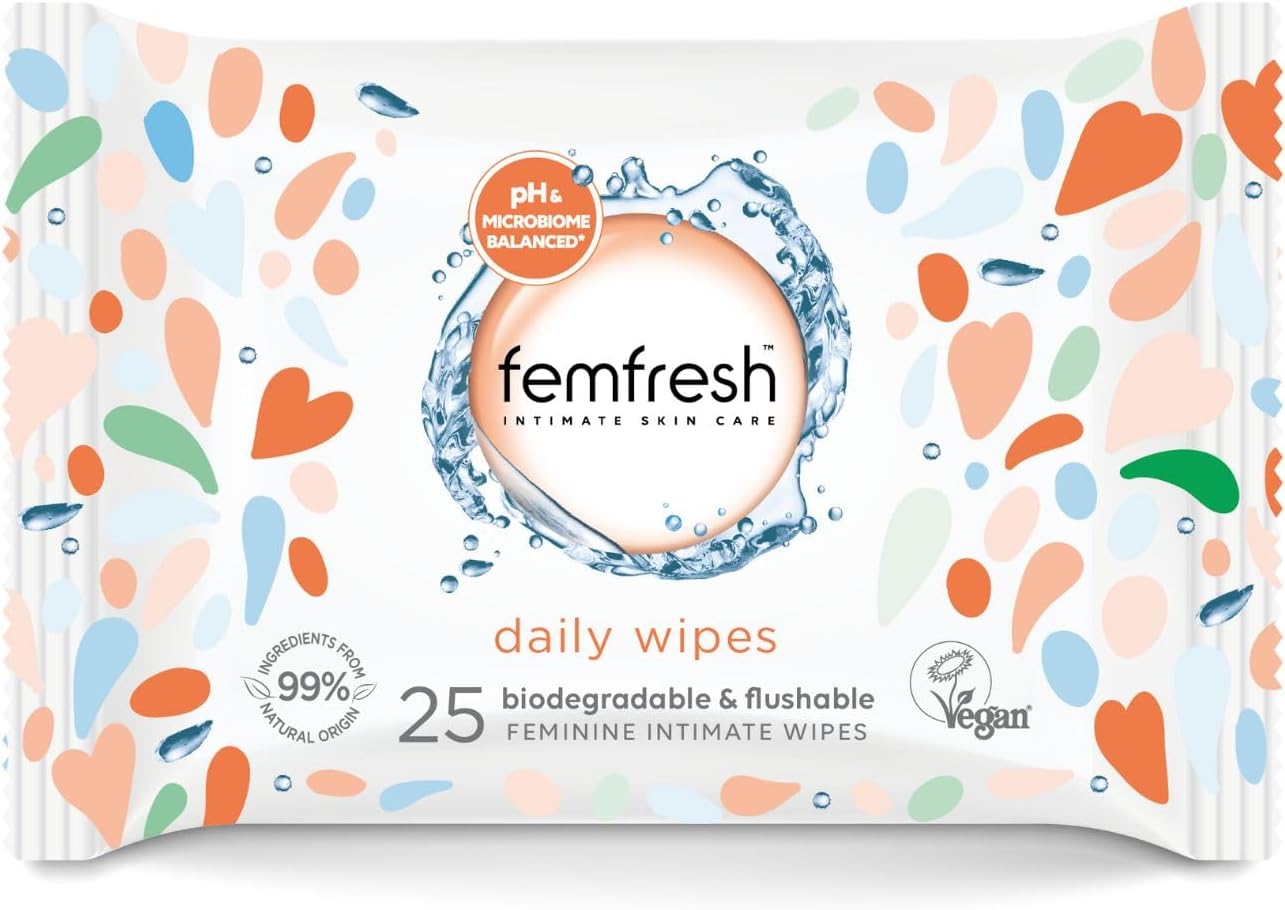Femfresh Intimate Wipes - Flushable & Biodegradable Disposable Feminine Hygiene Vaginal Cloths w. Calendula & Aloe Vera Extracts - Soothing, pH Balanced, Hypoallergenic, 25 Count (Pack of 1)