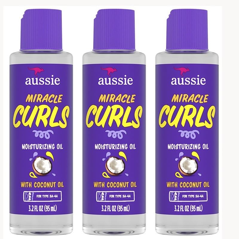 Aussie Miracle Curls Defining Oil Hair Treatment, 3 Pack, Coconut and Australian Jojoba Oil, For Dry, Curly, Kinky and Wavy Hair, Reduce Frizz and Add Shine, Paraben Free Formula, 3.2 oz Each