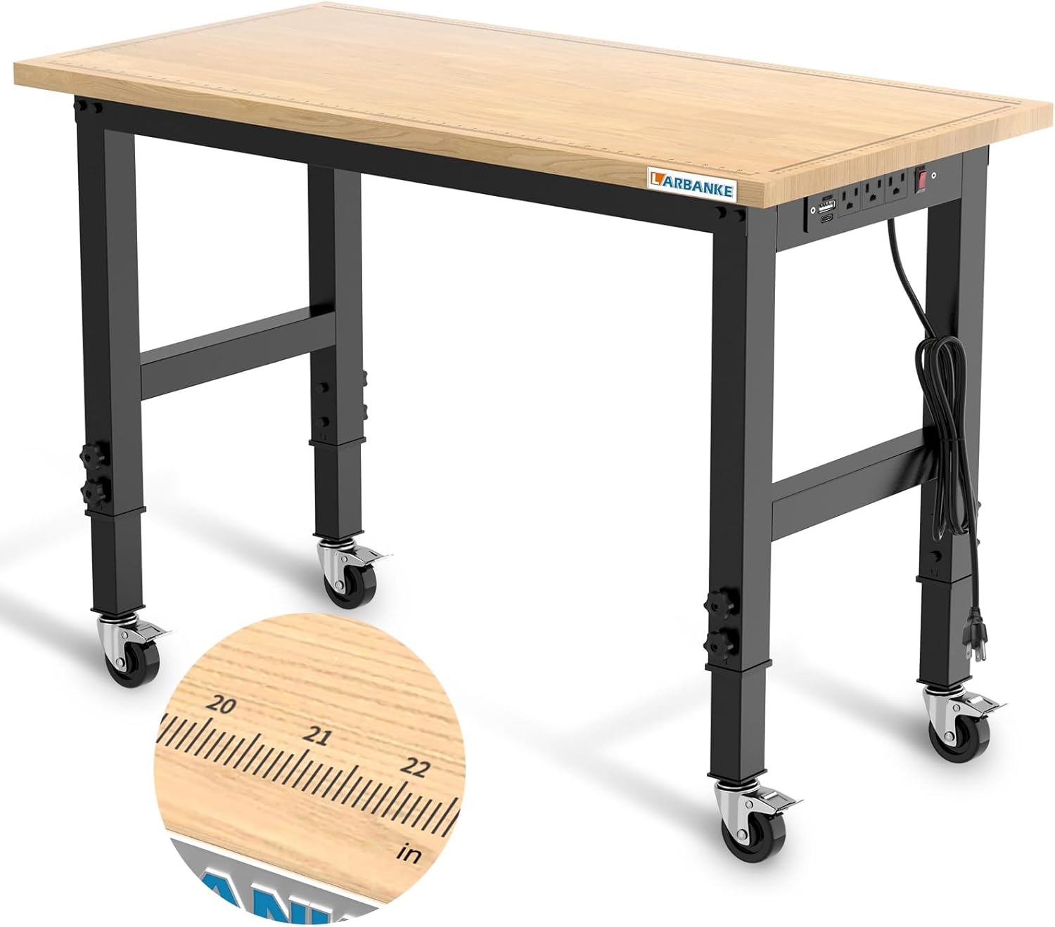 48" Heavy-Duty Adjustable Workbench with Brake Wheels,Hardwood Worktable Weight Capacity Over 2000 Lbs,Rubber Wood Workbench has Adjustable 5 Different Heights,for Workshop,Garage,Office,Home