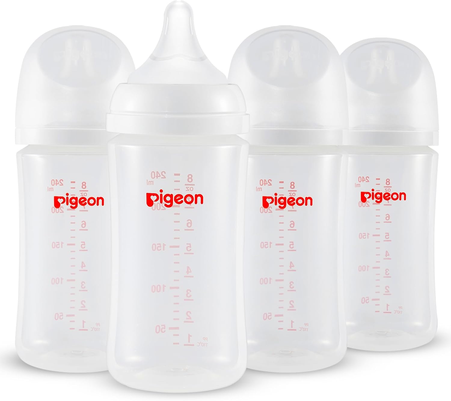 Pigeon PP Nursing Bottle Wide Neck, Streamlined Body, Natural Feel, Easy to Clean, 8.1 Oz (Pack of 4）