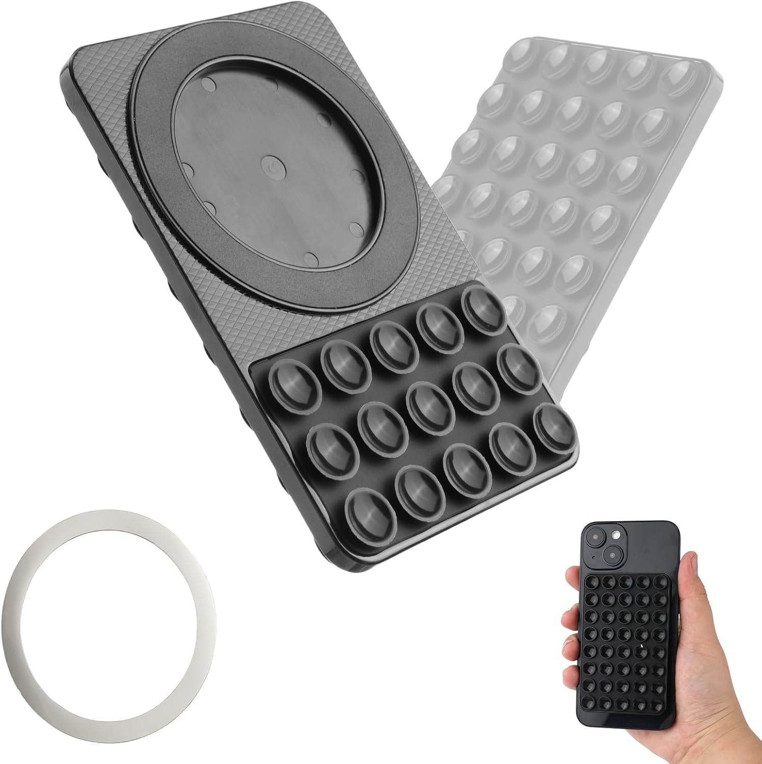 PEUTIER Magnetic Suction Cup Phone Mount, Double-Sided Silicone Suction Cup Phone Holders with Iron Ring Patch Hands-Free Sticky Phone Grip Suction Phone Case for iPhone 15/14/13 Pro Max