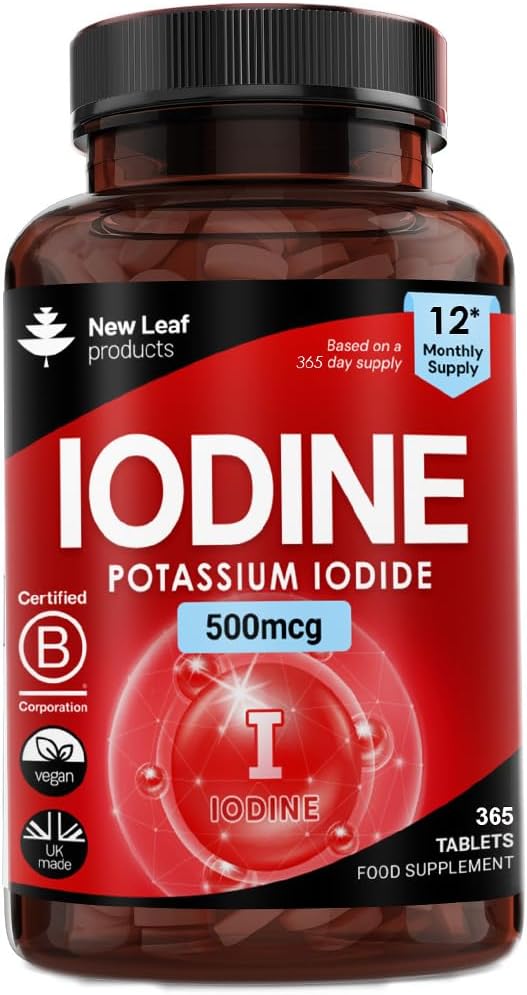 Iodine Tablets 500mcg 365 (1 Year Supply) Vegan High Strength Tablets Iodine Supplements, Natural Source of Iodine from Potassium Iodide GMO Free, GMP, Made in UK by New Leaf
