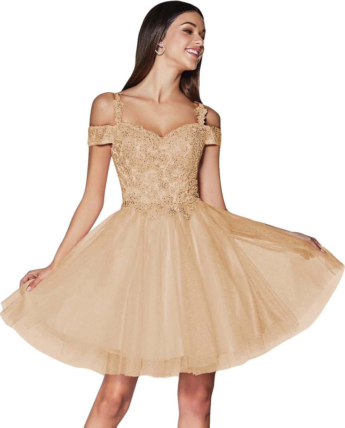 TIRAS Lace Appliques Short Homecoming Dresses 2024 Cold Shoulder Glitter Tulle Cocktail Gowns