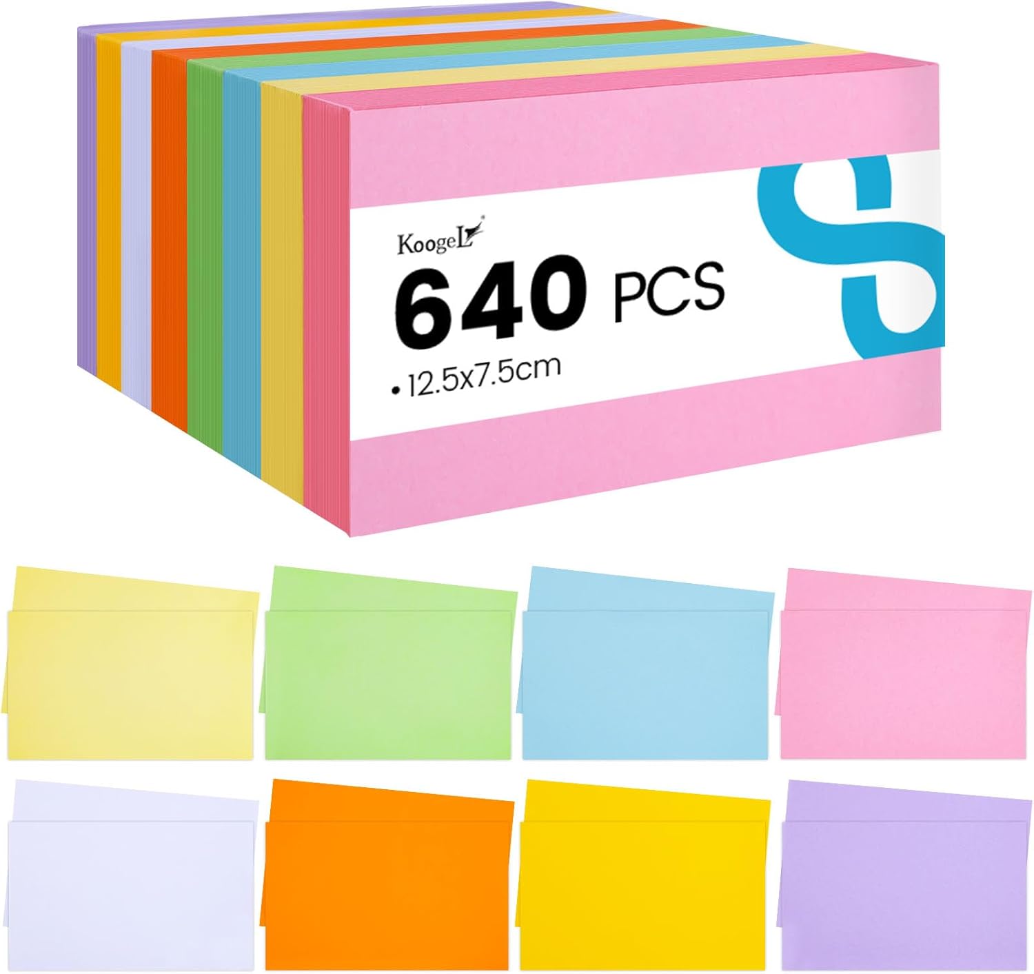 Koogel Flashcards Index Cards 640PCS 12.5x7.5cm, Blank Revision Cards with 8 Color Coding System, Study Supplies for Language Learning