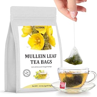 Premium 50 Mullein Leaf Tea Bags. Made with 100% Pure Mullein Leaves, for Lungs Cleanse and Respiratory Support, No Flavoring & No Additives & Caffeine Free.