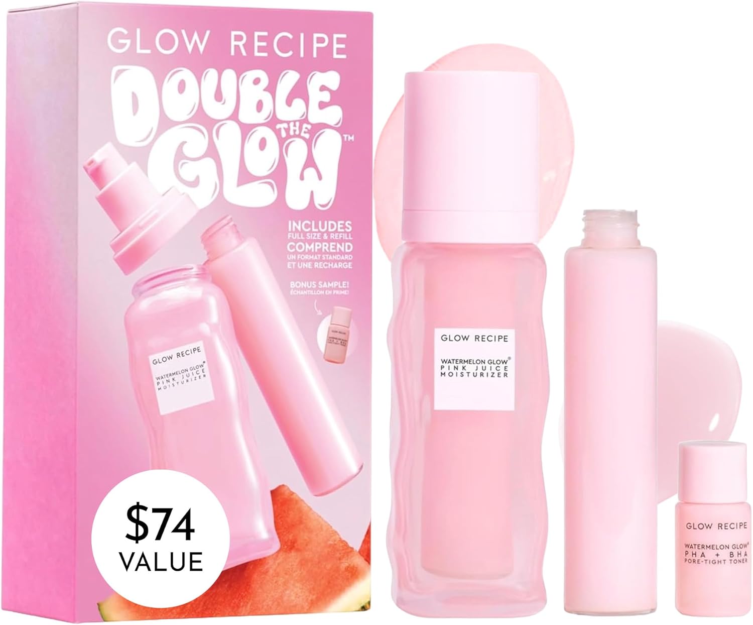 Glow Recipe Double The Glow Skincare Kit - Watermelon PHA BHA Face Toner + Full Size and Refillable Pink Juice Face Moisturizer with Hydrating Hyaluronic Acid for Dry Skin - Korean Skin Care (3 Count)