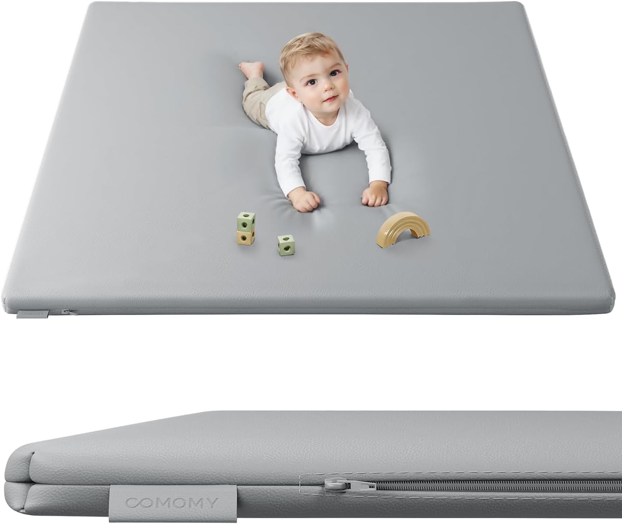 COMOMY Vegan Leather Baby Play Mats for Floor, 127x127 cm Padded Play Mat for Playpen, Extra Thick & Soft Foam Playmats for Babies and Toddlers, Easy to Wipe Clean (Light Grey)