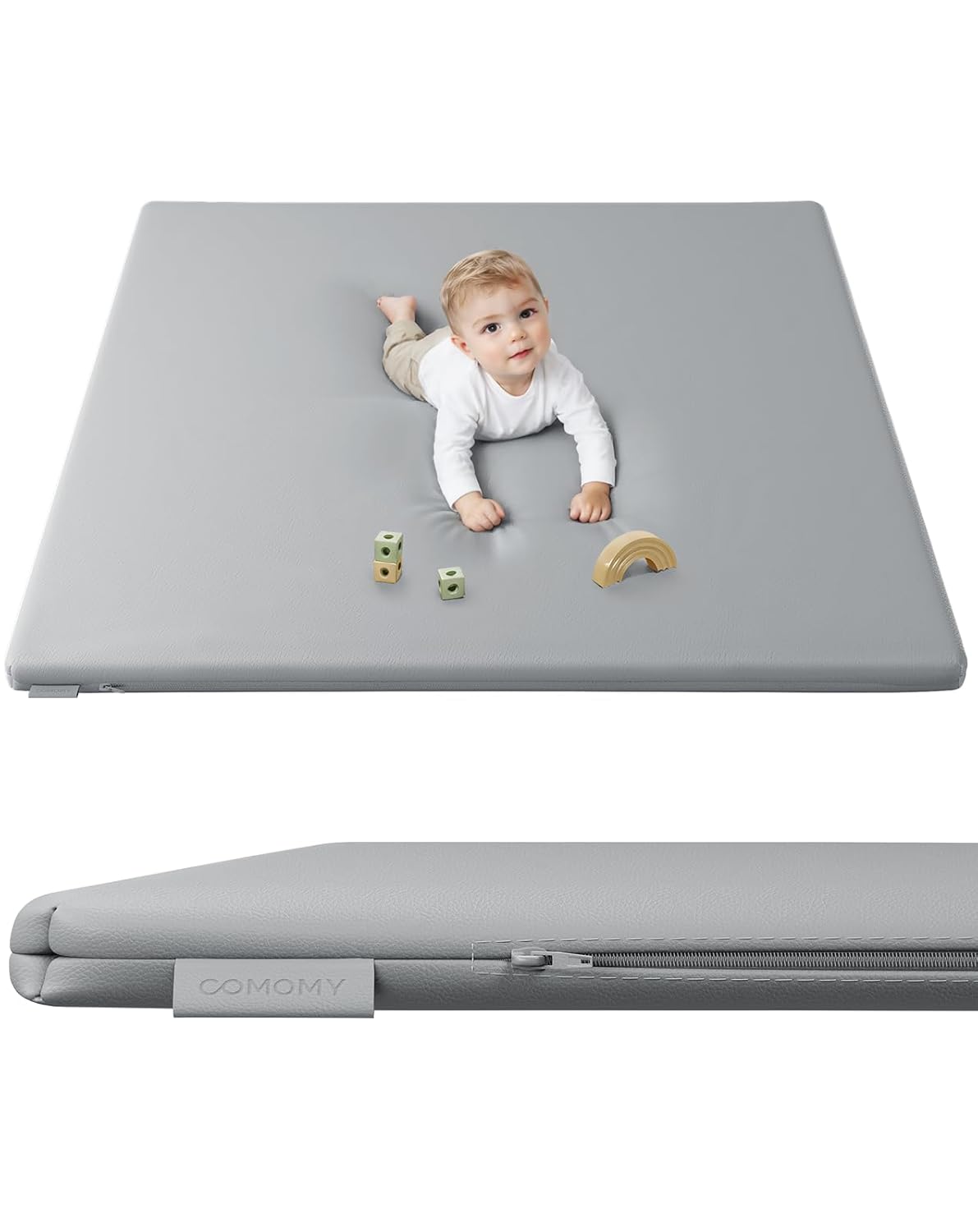 COMOMY Vegan Leather Baby Play Mats for Floor, 50 x 50 Play Mat for Playpen, Thickened High-Density Foam Playmats for Babies and Toddlers - Extra Soft and Resilient, Easy to Wipe Clean, Light Gray