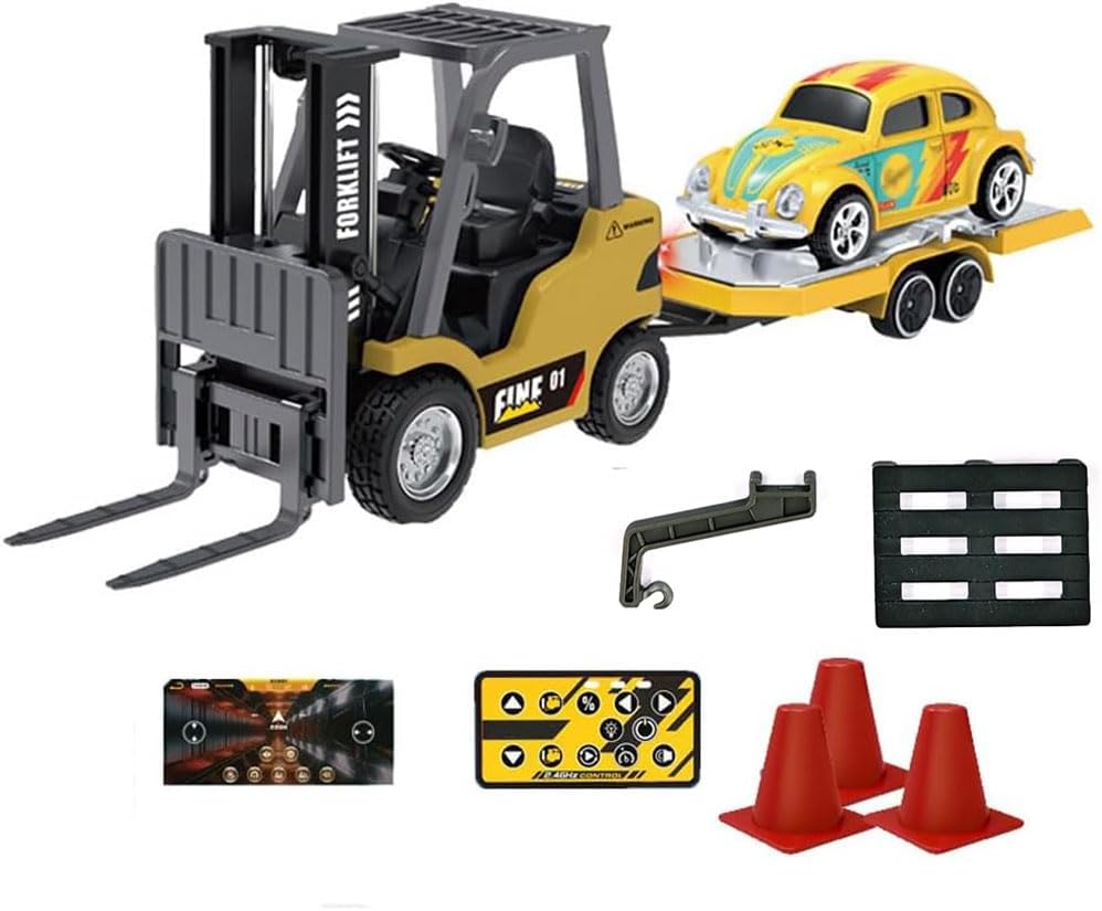 RC Forklift with APP Control 1/64 Mini Metal Remote Control Forklifts Lift Fork & Hook 9 Channel 2 in 1 Construction Vehicle with Carrier Slab & Pull Back Car Engineering Truck (Yellow)