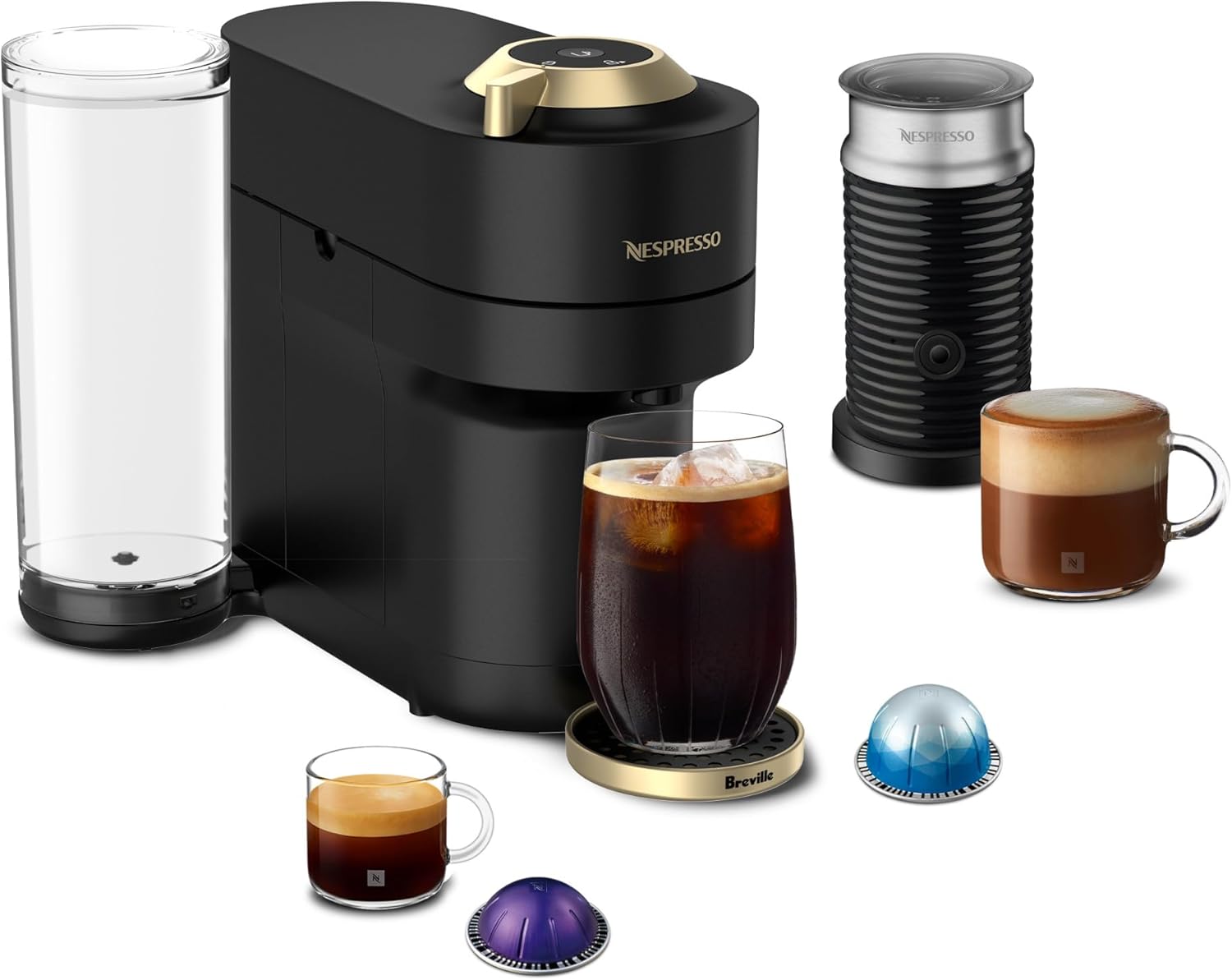 Nespresso Festive Vertuo Pop+ Deluxe Coffee and Espresso Maker by Breville with Milk Frother, Matte Black Gold