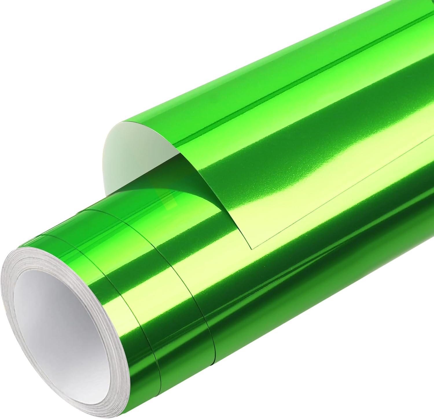 WRAPXPERT Green Chrome Vinyl,Chrome Mirror Vinyl Metallic No Bubble 12" x5ft,Green Permanent Adhesive Roll for Signs Lettering