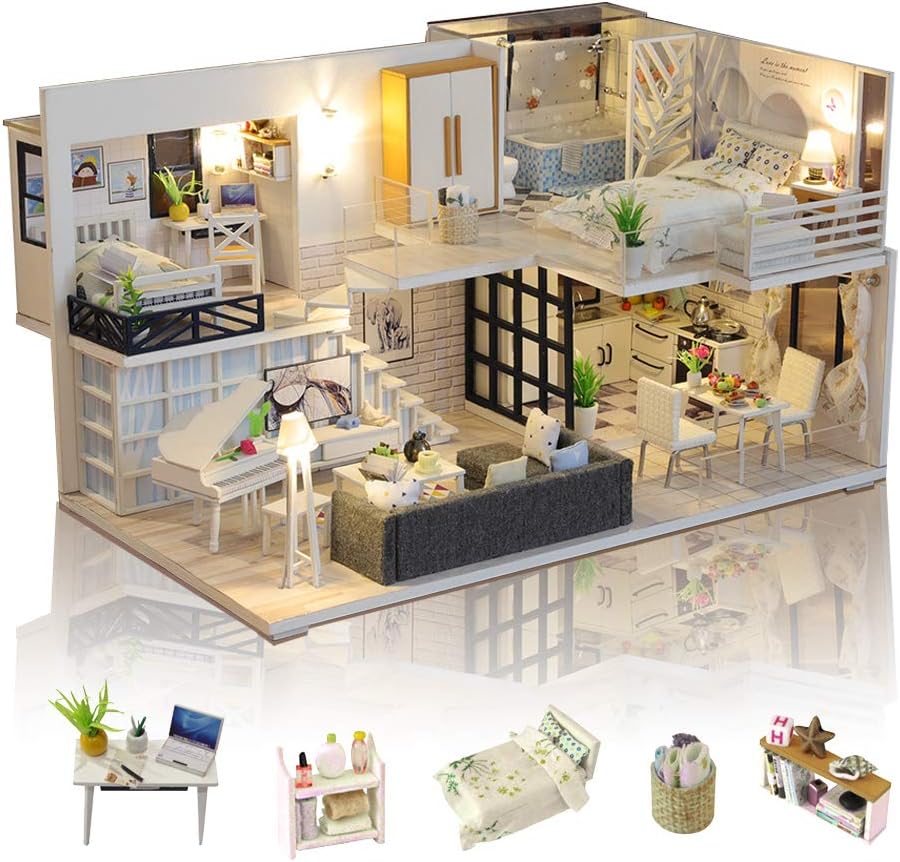 GuDoQi DIY Miniature Dollhouse Kit with Furniture and Music, Tiny House kit 1:24 Scale, Need to Assemble Around 30 Hours, Great Handmade Crafts Gift for Birthday, Christmas, Simple Life House
