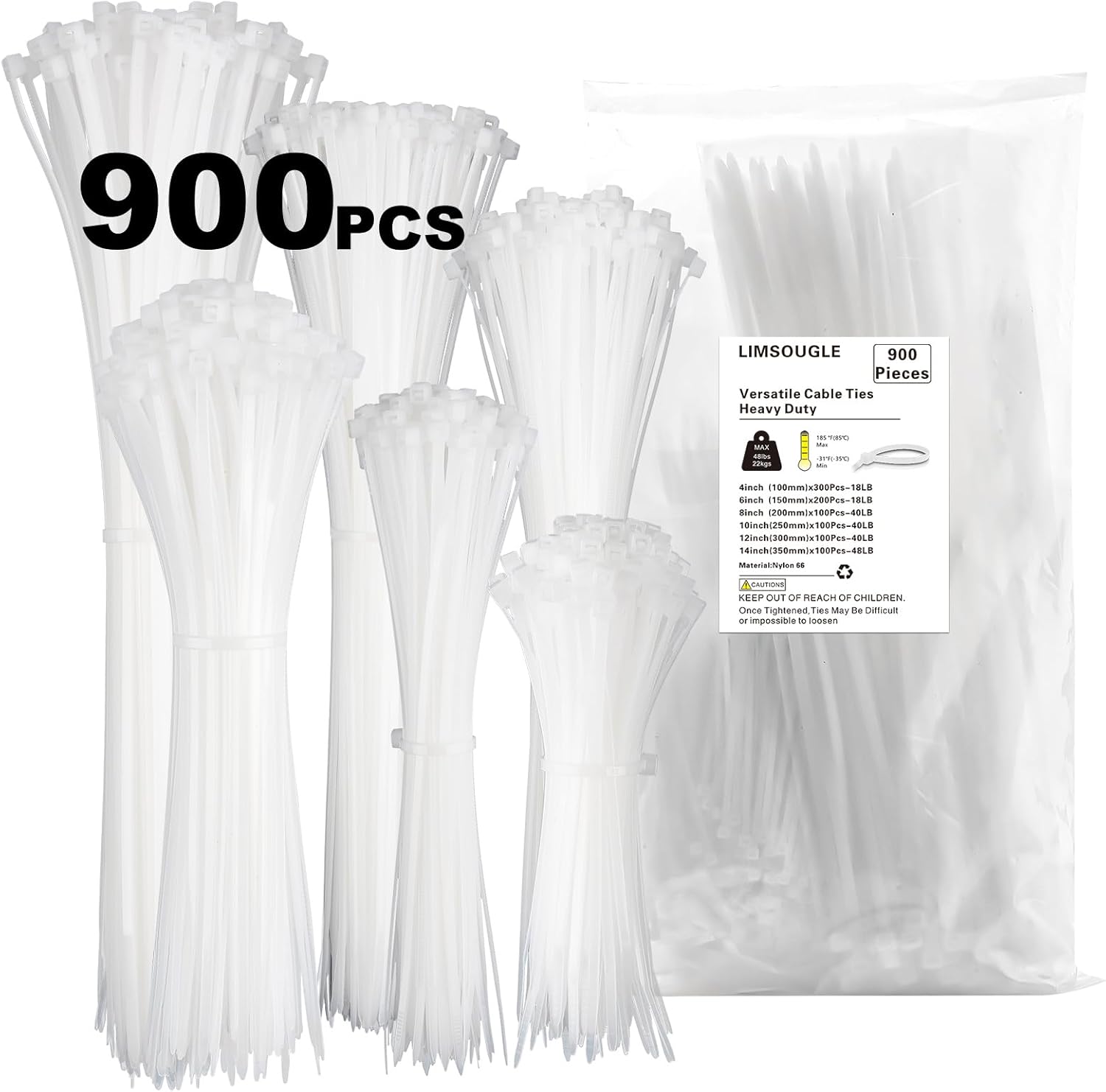 Cable Zip Ties Assorted Sizes(14+12+10+8+6+4 Inch), 900 Pcs White zip Ties, Multi-Purpose Wire Management Self-Locking Nylon Cable Tie Wraps, Plastic Wire Ties Perfect for Outdoor Use.