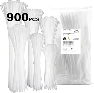 Cable Zip Ties Assorted Sizes(14+12+10+8+6+4 Inch), 900 Pcs White zip Ties, Multi-Purpose Wire Management Self-Locking Nylon Cable Tie Wraps, Plastic Wire Ties Perfect for Outdoor Use.