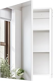 Bathroom Medicine Mirror Cabinet, Wall-Mounted Bathroom Vanity with Mirror, Bathroom Medicine Cabinet with Storage Function, Hanging Storage Cabinet, Adjustable Shelves, White