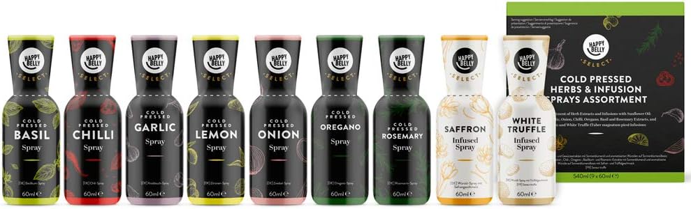 Amazon Brand - Happy Belly Select Spices, Set of 9 (Basil, Chili, Lemon, Garlic, Onion, Oregano, Rosemary, Saffron, White Truffle), 540 ml (Pack of 1)