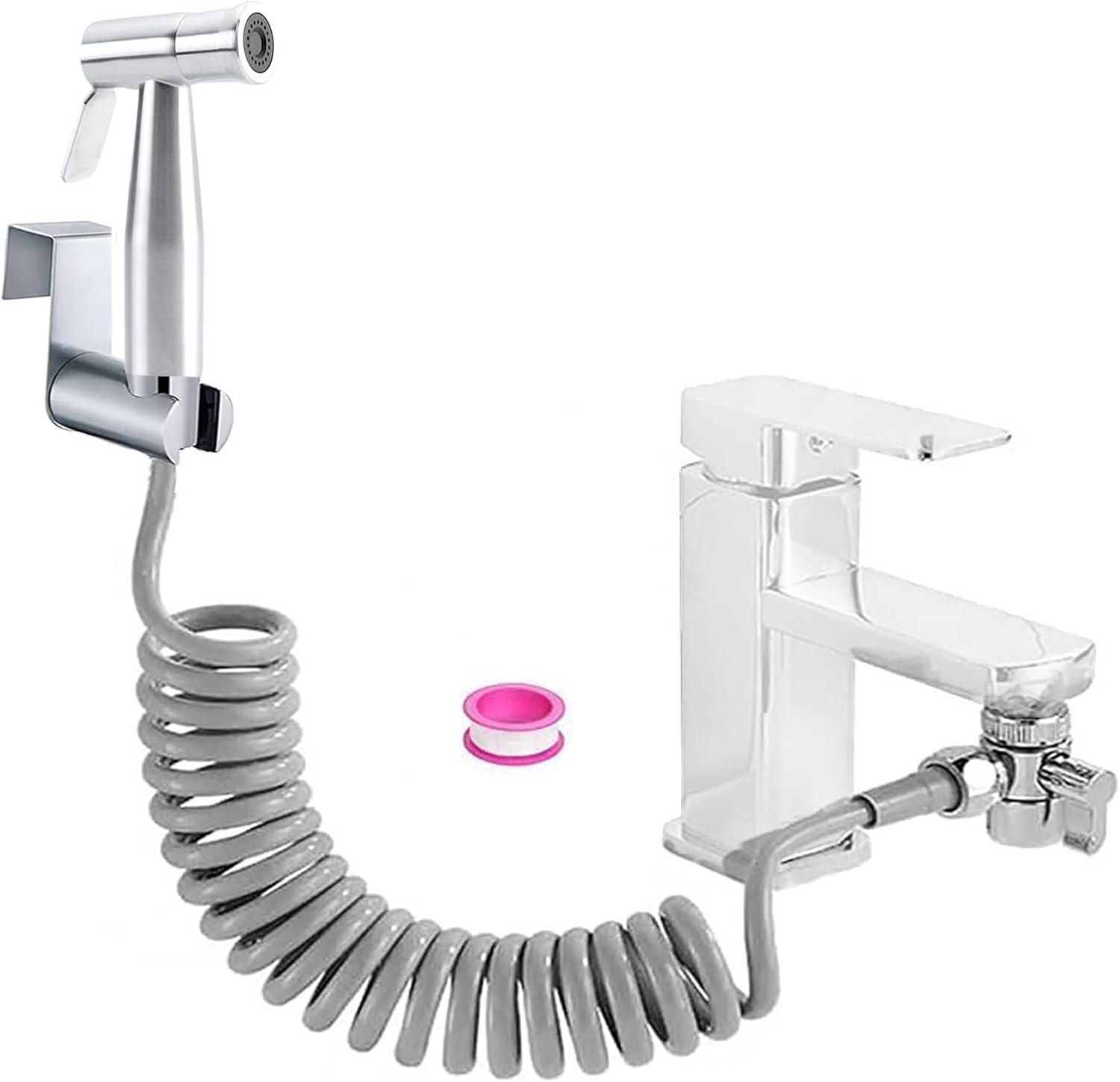 Bidet Stainless Steel Hand Shower Set, Bathroom Bidet Attachment with Faucet Dispenser, Spring Hose Hook, Faucet Dispenser, Bathroom Hygiene and Diaper Cleaning, Silver