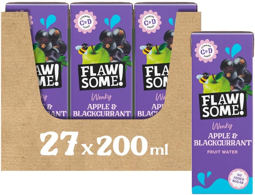 Flawsome! Apple & Blackcurrant Wonky Fruit Water | Pressed Juice (75%), Still Water, Vitamins C and D | 200ml x 27 Pack Cartons | School Approved - No Added Sugar - Perfect for lunch boxes