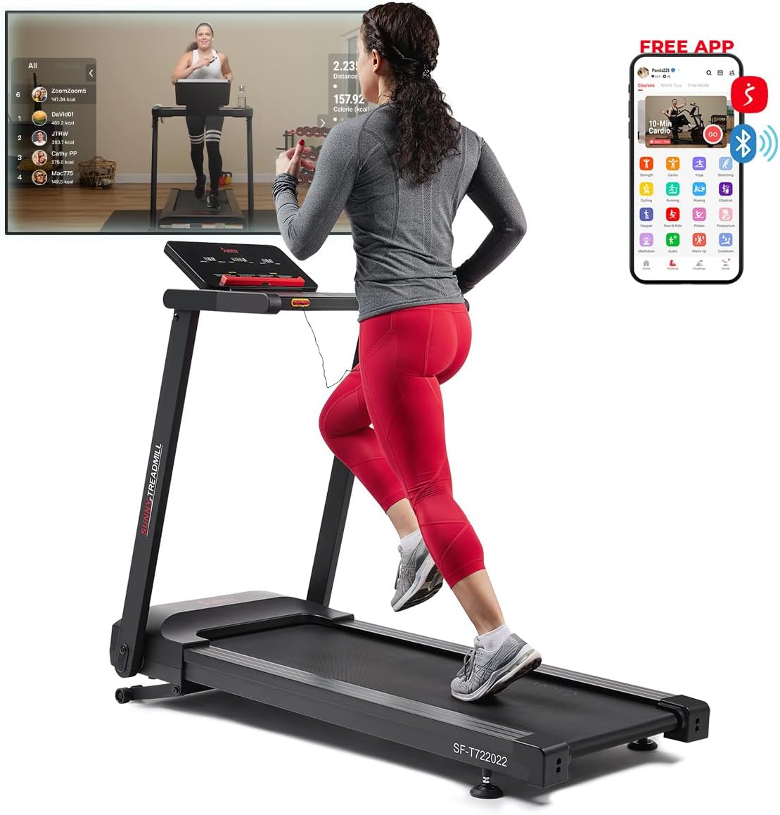 Sunny Health & Fitness Interactive Slim Folding Treadmill for Home, Running or Walking with Quiet Brushless, Shock Absorption, Free SunnyFit App Bluetooth Connection, Optional 12 Level Auto Incline