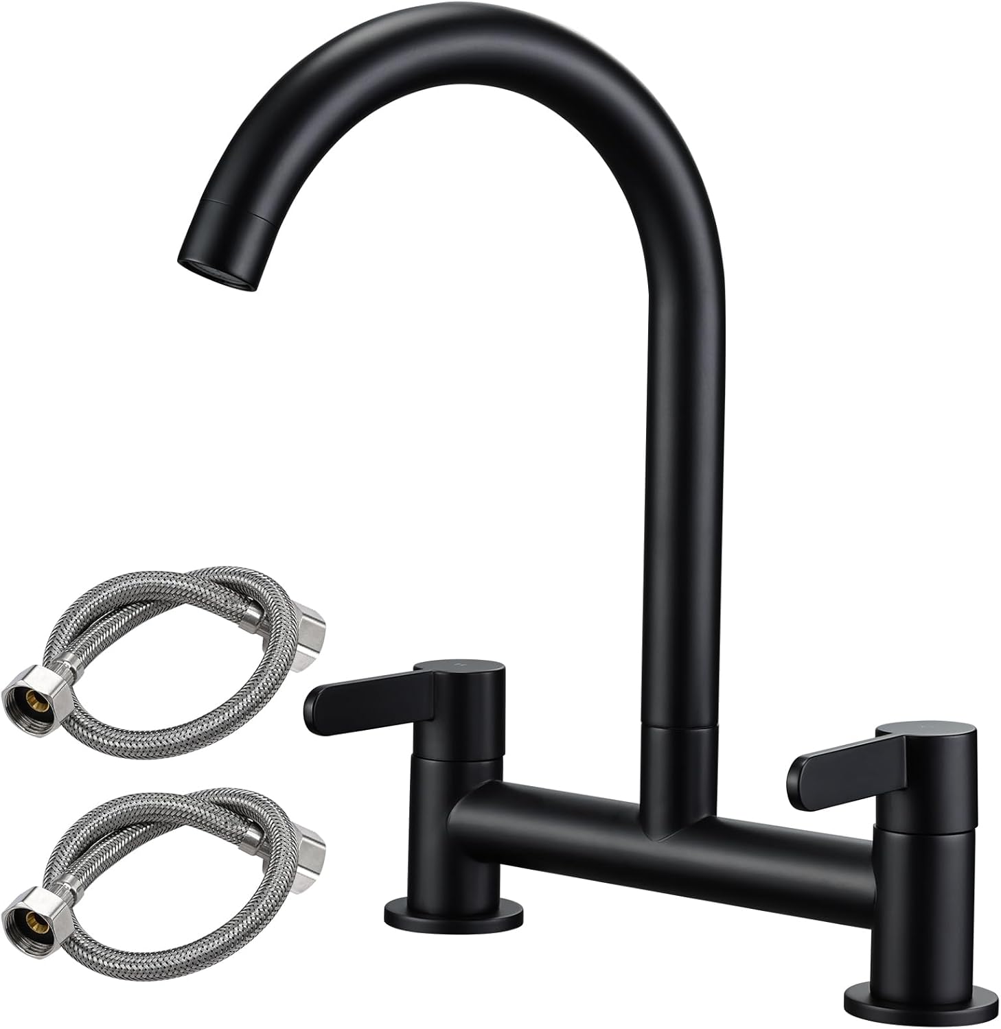 Peppermint Matt Black Kitchen Sink Mixer Taps 2 Hole Dual Lever Mixer Tap Kitchen Sink 180MM Centers Deck Mounted Bridge Taps Brass Traditional Two Hole Faucet 360° Swivel Spout