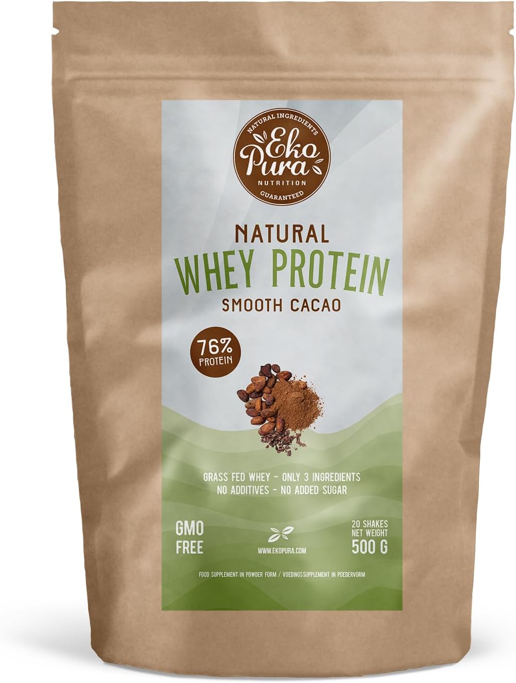 Natural Whey Protein - Cocoa - 500g | 76% Protein | 100% Natural Grass Fed Whey | Free from: Hormones, GMOs, Soy, Additives, Added Sugar