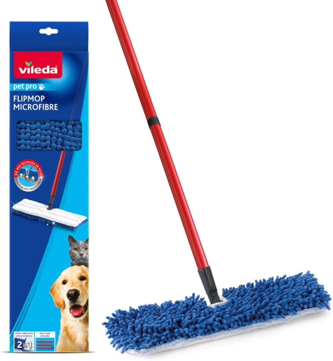 Vileda Pet Pro Microfibre Flip Mop,Captures up to 3x more pet hair, 2-sided mop pad for versatile cleaning,Suitable for dry and wet cleaning Ergonomic shape reaches corners Machine-washable mop head