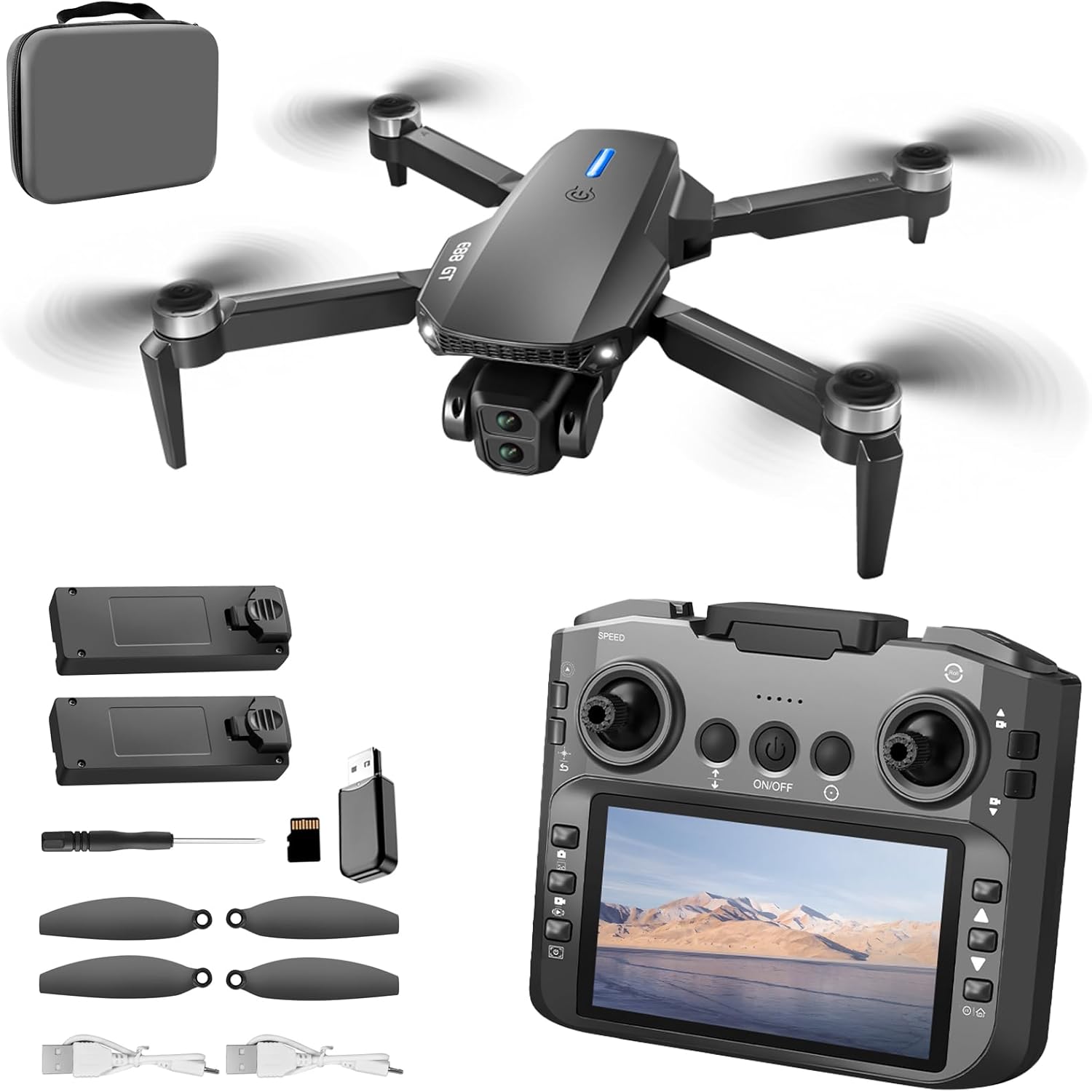 E88 GT Drone with 4.92-Inch Screen Controller,Brushless Motor, Optical Flow Localization, Active Obstacle Avoidance, 2 batteries. (Black-2 batteries)