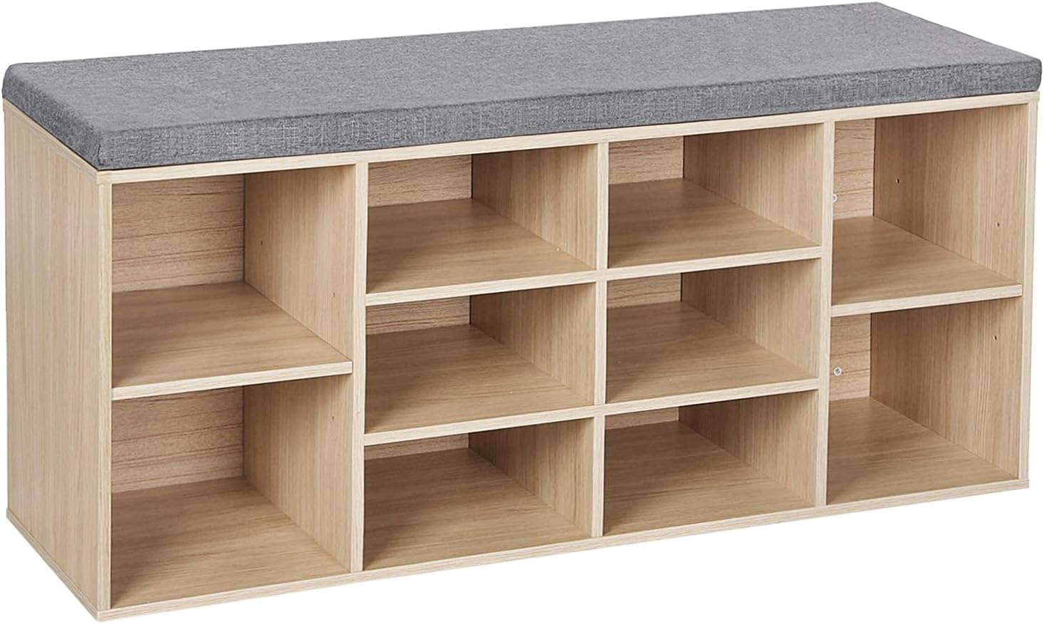 VASAGLE Shoe Bench, Shoe Rack, Storage Unit, 10 Compartments, with Cushion, for Entrance, 104 x 30 x 48 cm, Oak LHS10NL