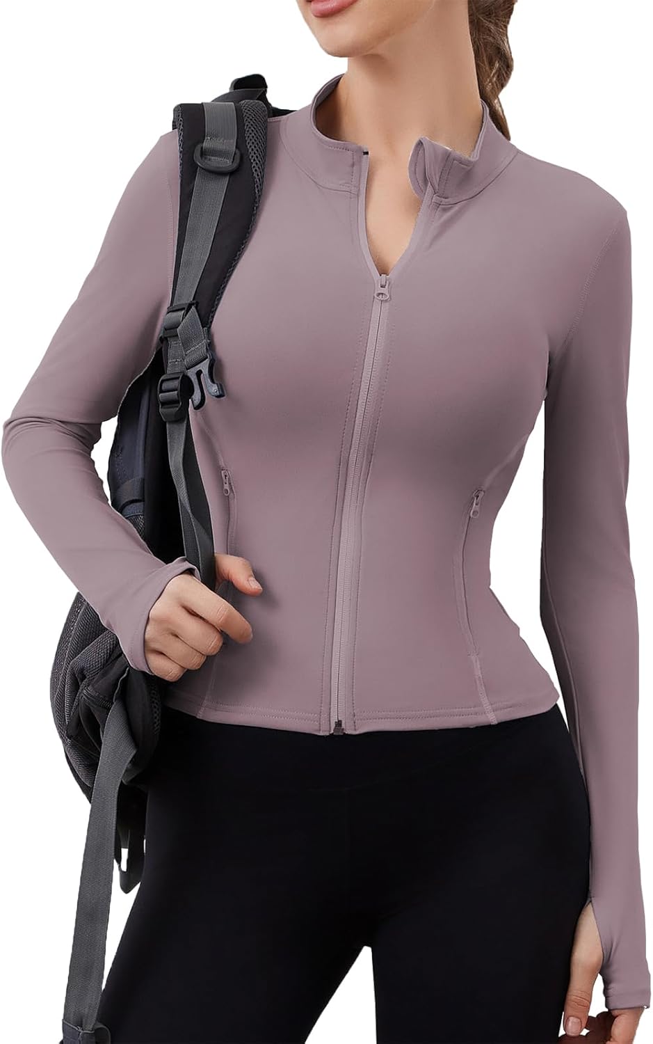 Women Built-In Pockets Athletic Jackets Slim Fit Full Zip up Workout Yoga Gym Jacket with Thumb Holes
