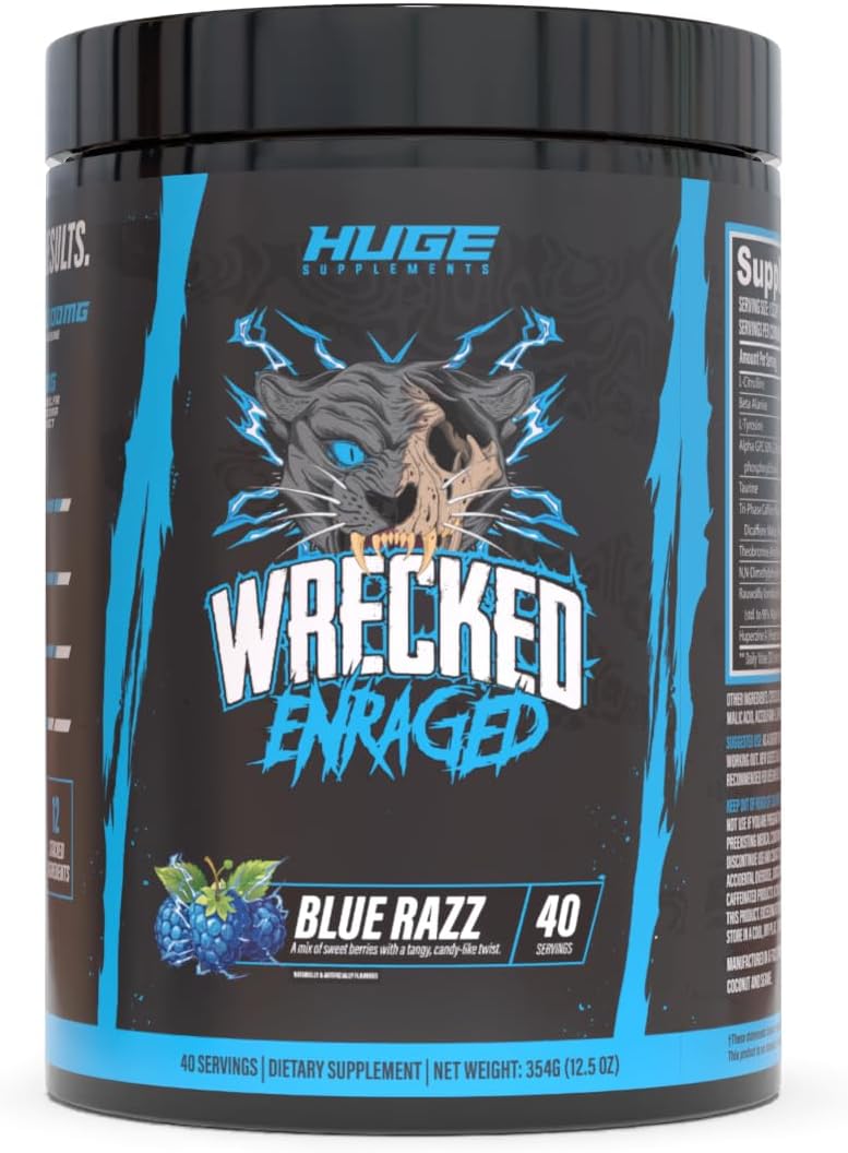 Wrecked Enraged High Stim Pre Workout - Extreme Hardcore Formula for Intense Energy, Laser Focus & Maximum Strength - Potent Stimulant Matrix - for Advanced Lifters, Not for Beginners (40 Servings)