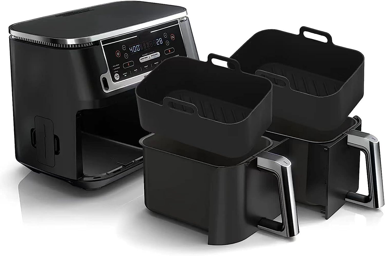 Air Fryer Liners for Ninja Dual Pack of 2, Reusable Silicone Air Fryer Liners for AF400UK F300UK T17088 & Tower, Ninja Air Fryer Accessories, Silicone Liner Pot Basket 7.6-9.5L (Black)