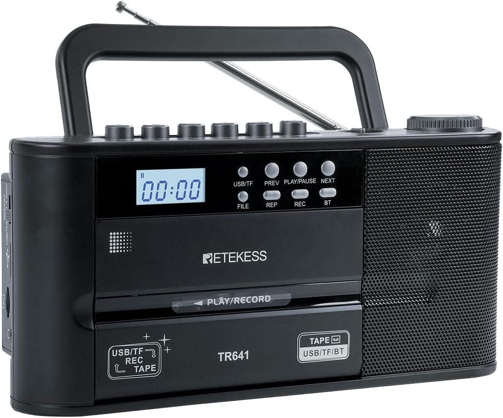 Retekess TR641 Cassette Player,Cassette Tape Player,FM AM/Recorder Radio,USB/TF Card,Wireless Connections,Earphone Jack,Battery Operated or AC Powered,for Home,Outdoor