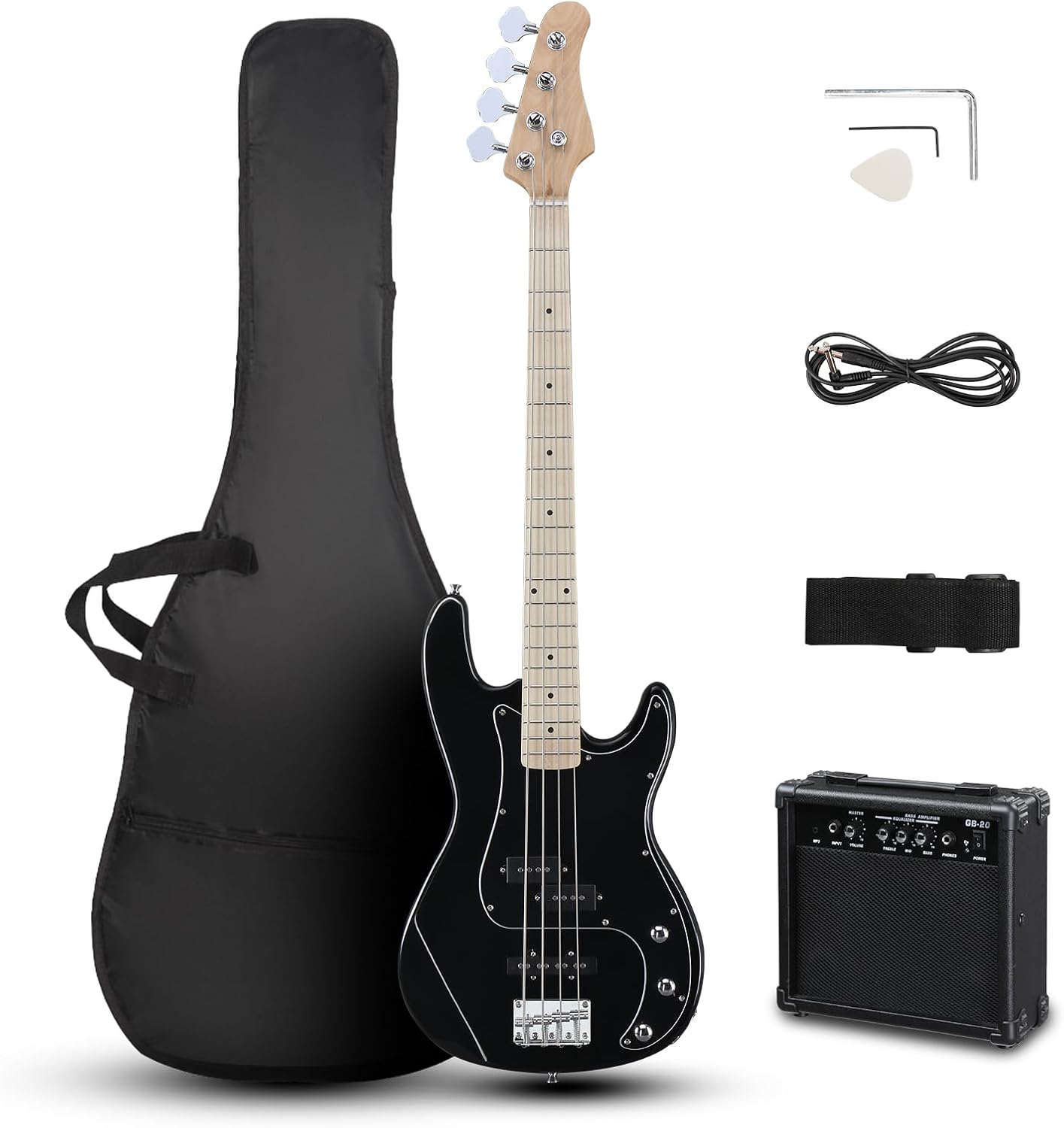 Ktaxon 4 String Bass Guitar, Full-Size Electric Bass Guitar Kit (Black) | Includes 20W AMP, Portable Gip Bag, Premium Cable, Adjustable Guitar Strap, Picks and Wrench, Gift For Music Lover