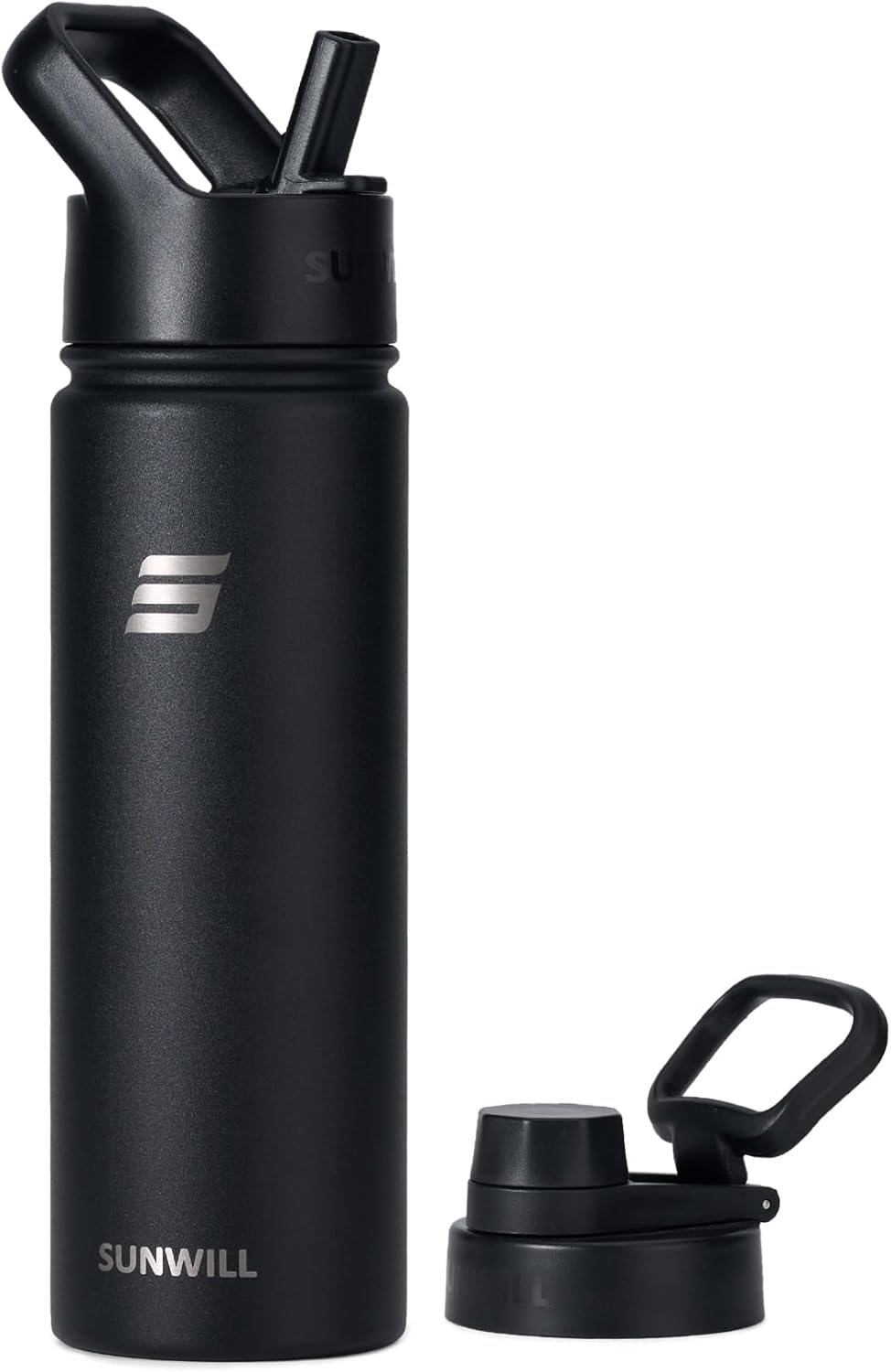 SUNWILL Metal Water Bottle with Straw Stainless Steel, 650ml Insulated Leakproof Thermal Flask for Cold and Hot Drink, Travel, Sports, Gym, Black