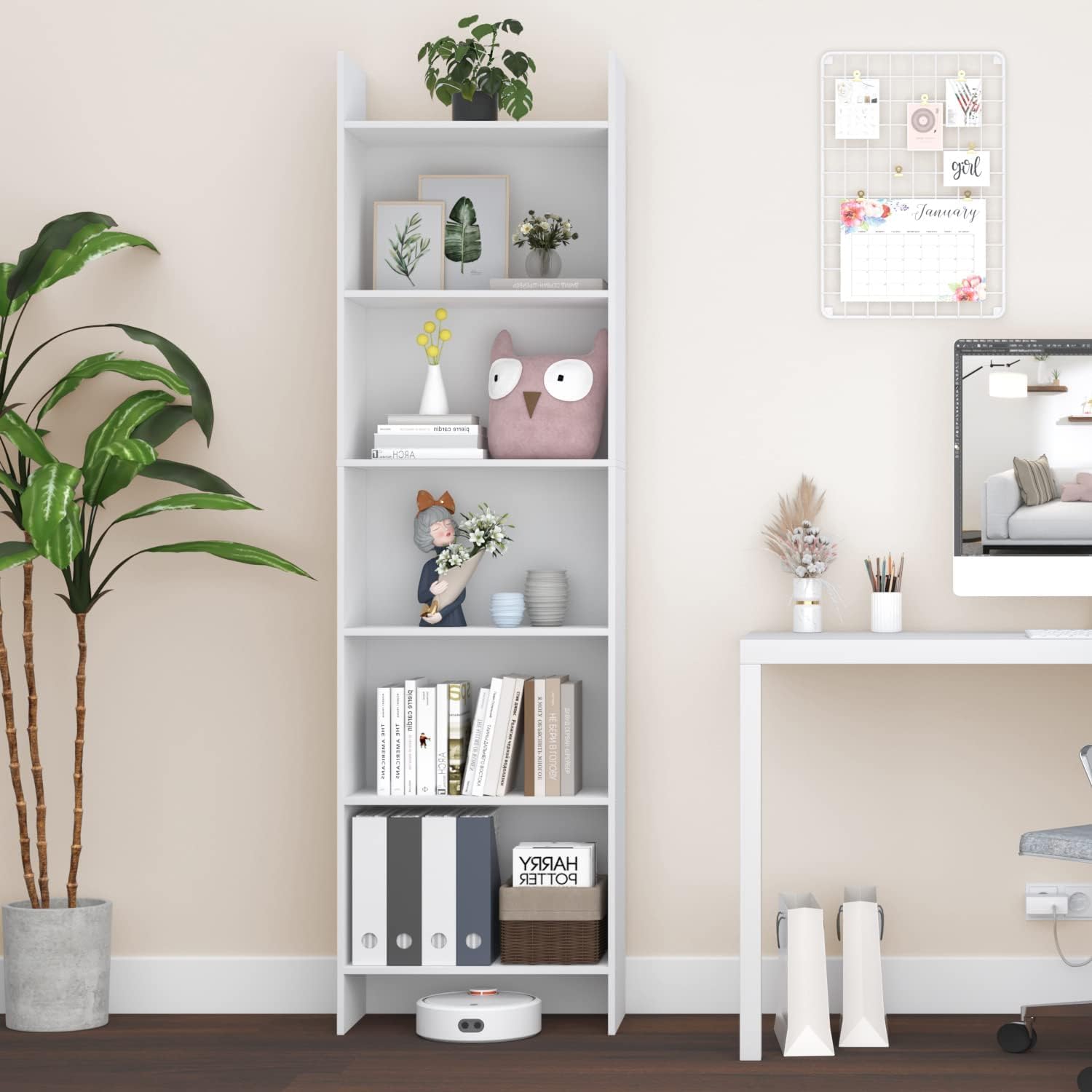 Hzuaneri 6-Tier Bookshelf, 170cm Floor Standing Bookcase, Display Storage Shelf, Corner Shelf, Home Decor Furniture for Home Office, Living Room, Bedroom, White 01103XBC