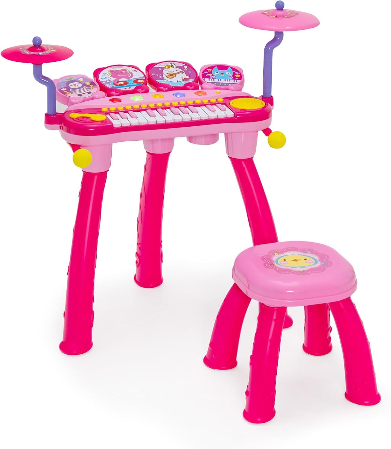 COSTWAY 24-Key Kids Electronic Piano, Toddler Keyboard and Drum Set with Stool, Microphone, LED Lights, MP3, Record & Replay Function, Musical Instrument Toy for Boys Girls (Pink)