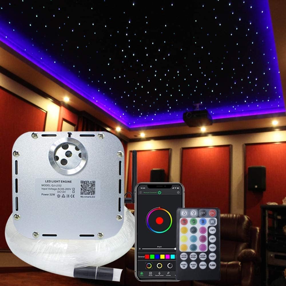 Callsky 32W RGBW APP Twinkle Fiber Optic Star Ceiling Light Kit for Home and Media Movie Room Decora, Sound Activated Light Engine+Remote Control+Mixed Cable 800pcs 5m (0.75+1+1.5mm)