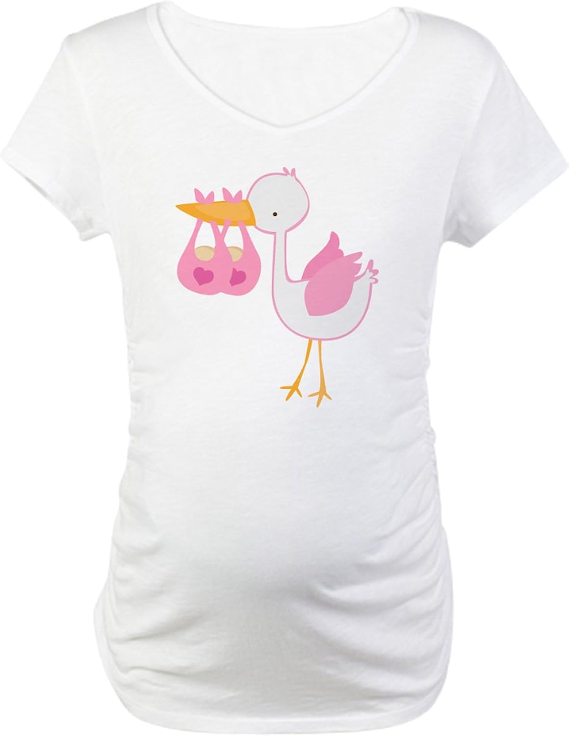 CafePress Pink Stork with Twins Maternity T Shirt Cotton Maternity T-shirt, Side Ruched Scoop Neck
