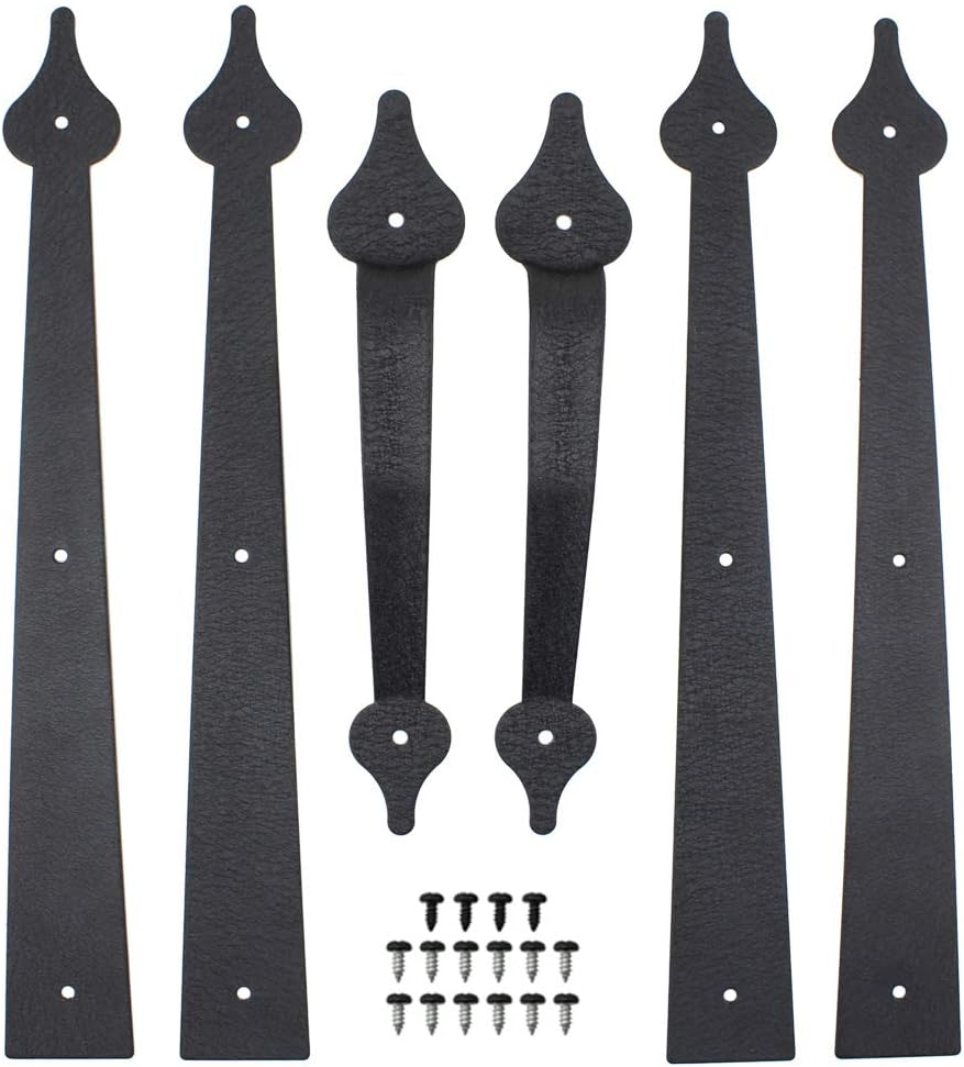 WINSOON Decorative Metal Garage Door Hardware Screw in Carriage House Accents Dummy Hinges Handles Black Steel Barn Gate Garage Decor