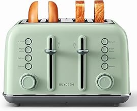 BUYDEEM DT640 4-Slice Toaster, Extra Wide Slots, Retro Stainless Steel with High Lift Lever, Bagel and Muffin Function, Removal Crumb Tray, 7-Shade Settings,Cozy Greenish