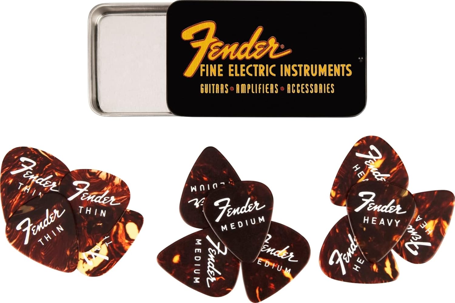 Fender® Fine Electric Pick Tin Picks in Collector's Tin - Pack of 12 - Celluloid - 351 Shape - 3 Thicknesses - Tortoise Shell