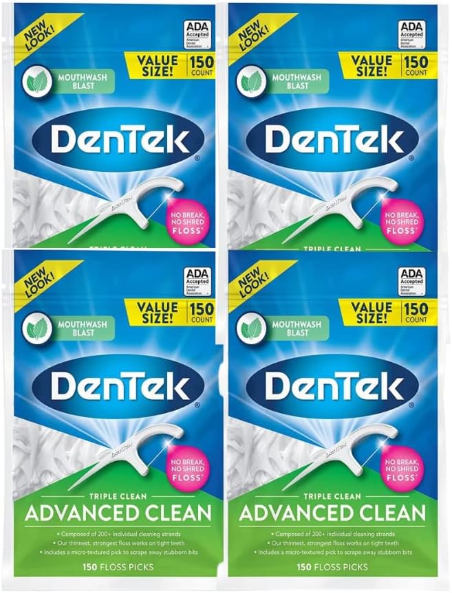 DenTek Triple Clean Advanced Floss Picks, No Break & No Shred Floss, 150 Count. (Pack of 4)