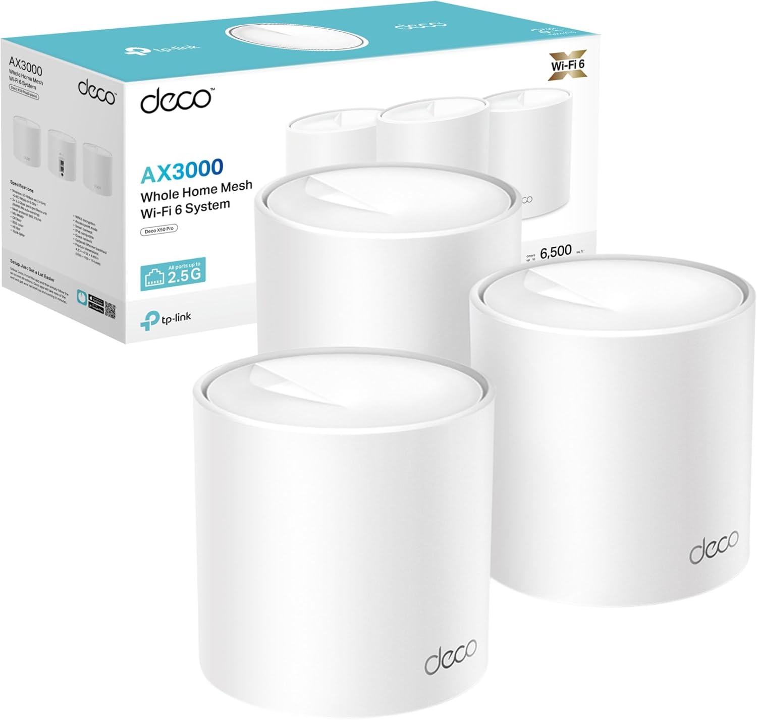 TP-Link Deco X50 Pro(3-pack) Dual-Band AI-Driven Wi-Fi 6 Mesh System, Seamless and Stable Mesh WiFi Booster with Coverage up to 600m2, 3000Mbps Speed,HomeShield, 2.5G Access from Every Port,Easy Setup