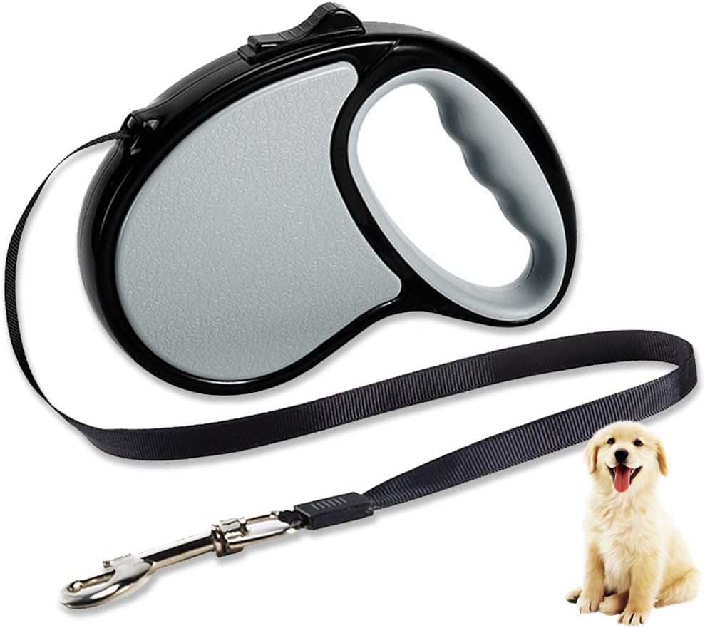 Retractable Dog Lead 5M/16FT 360°Tangle-Free Dog Lead with Anti-Slip Handle One-Button Brake&Lock for Small Medium Dogs (Grey)