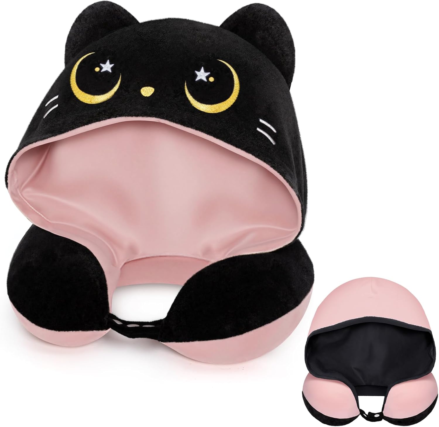 Travel Neck Pillow with Hood for Airplanes,Memory Foam,Breathable Ice Silk & Soft Velvet,Double-Sided,Removable to Clean,Adjustable Strap,Kids Travel Pillow for Long Flights Adults & Teens