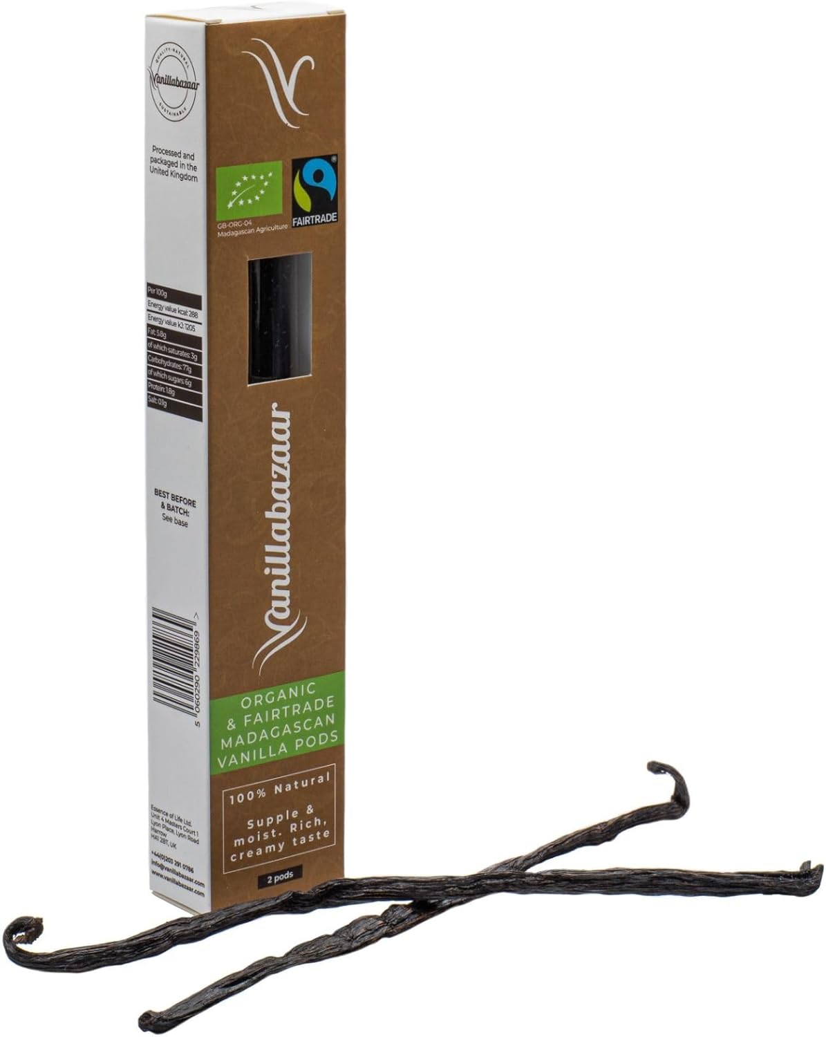 Organic & Fairtrade Madagascan Vanilla Pods | 2 Grade A Bourbon Vanilla Beans | Premium Sticks for Baking & Cooking | Resealable Tube | Vanillabazaar