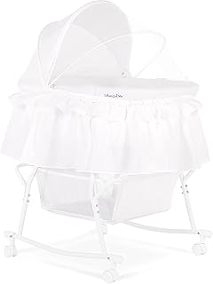 Lacy Portable 2-in-1 Bassinet & Cradle in White, Lightweight Baby Bassinet with Storage Basket, Adjustable and Removable Canopy