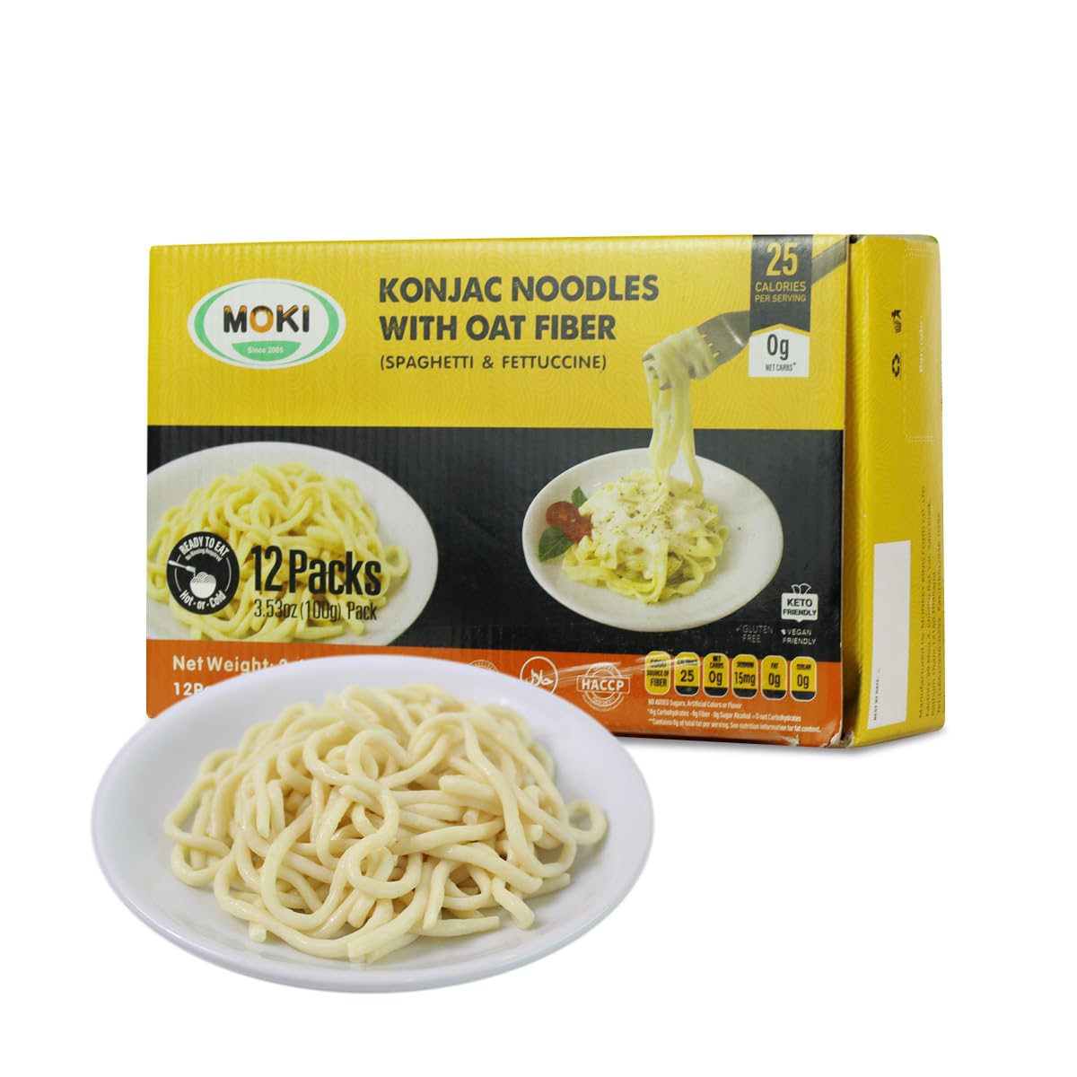 MOKI Since 2005 Konjac Noodles with Oat Fiber SPAGHETTI, Gluten-Free, Low Carb, Keto-Friendly, Paleo-Friendly, Vegan, Zero Calorie Spaghtti (12 Packs, 3.53 oz Each)