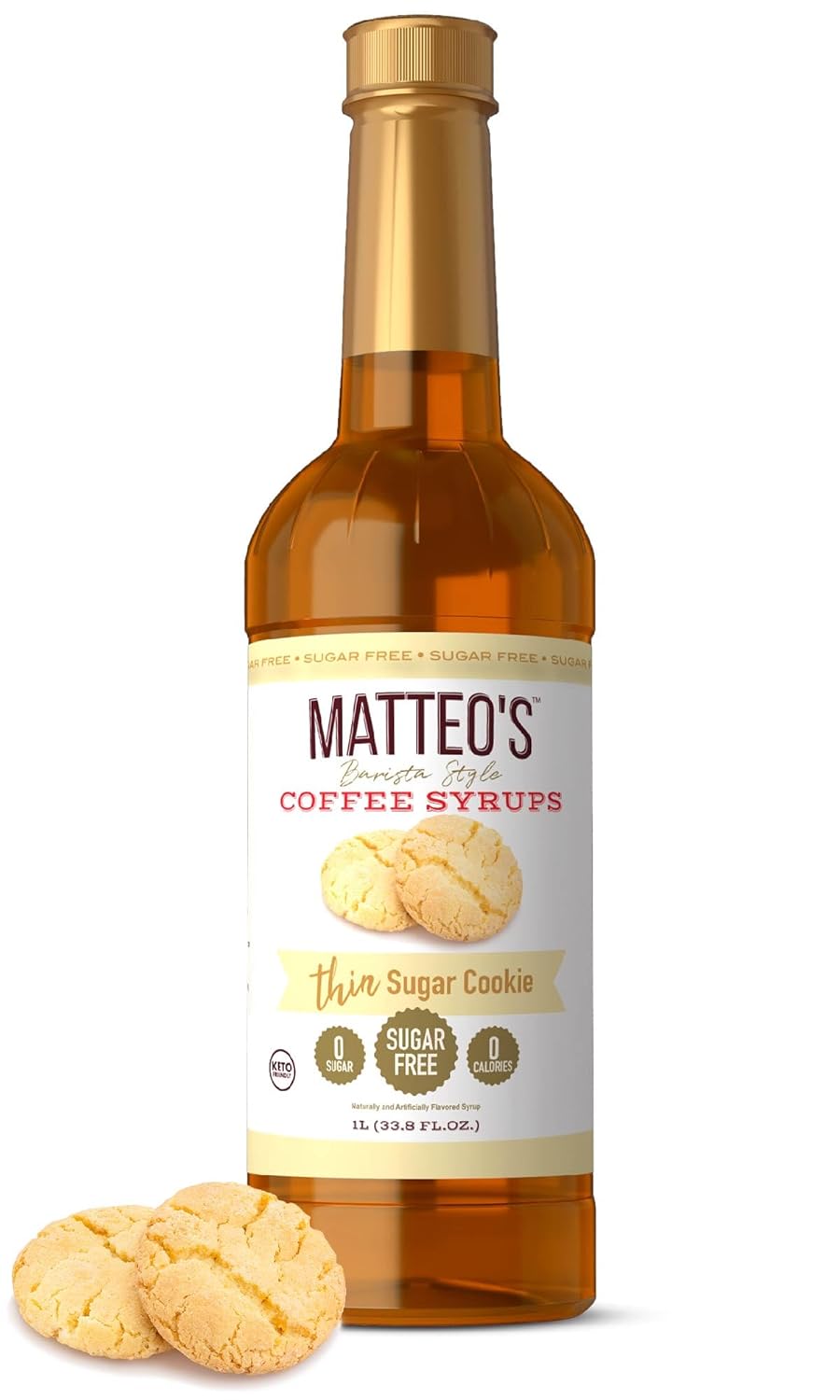 Matteo's Barista Style Sugar-Free Coffee Syrup, Sugar Cookie Flavor, Zero Calories and Sugar, Keto Friendly, Ideal for Lattes, Cappuccinos, Espresso, Americano, Indulgent Taste 33.8 Oz, 1-Pack