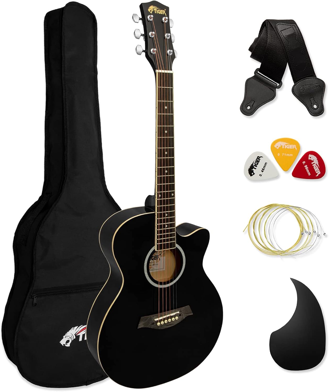Tiger ACG1-BK Acoustic Guitars with Steel Strings - Small Body 4/4 - for Beginners aged 11+ - Bag, Strap, Spare Strings, Scratchplate and Pick Included - 6 Months free Lessons - Black